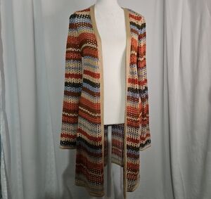 No Boundaries Open Front Striped Crochet Knit Duster Cardigan - Juniors Medium